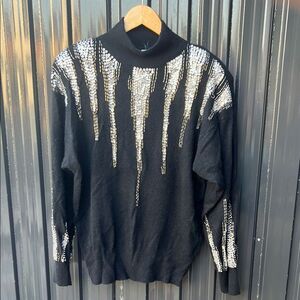 Neiman Marcus 80s Lambswool Angora Rabbit Semplice Black Sweater Silver Sequin L